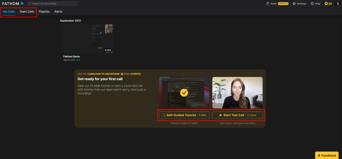 Viewing calls and accessing resources on Fathom.