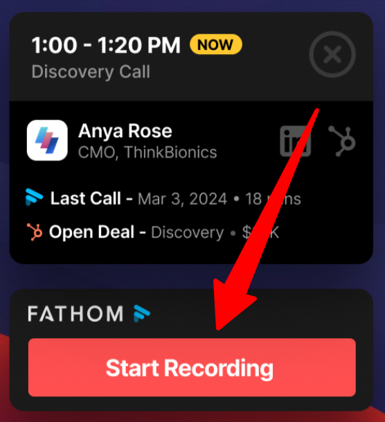 Hitting "Start Recording" to use Fathom on a call.