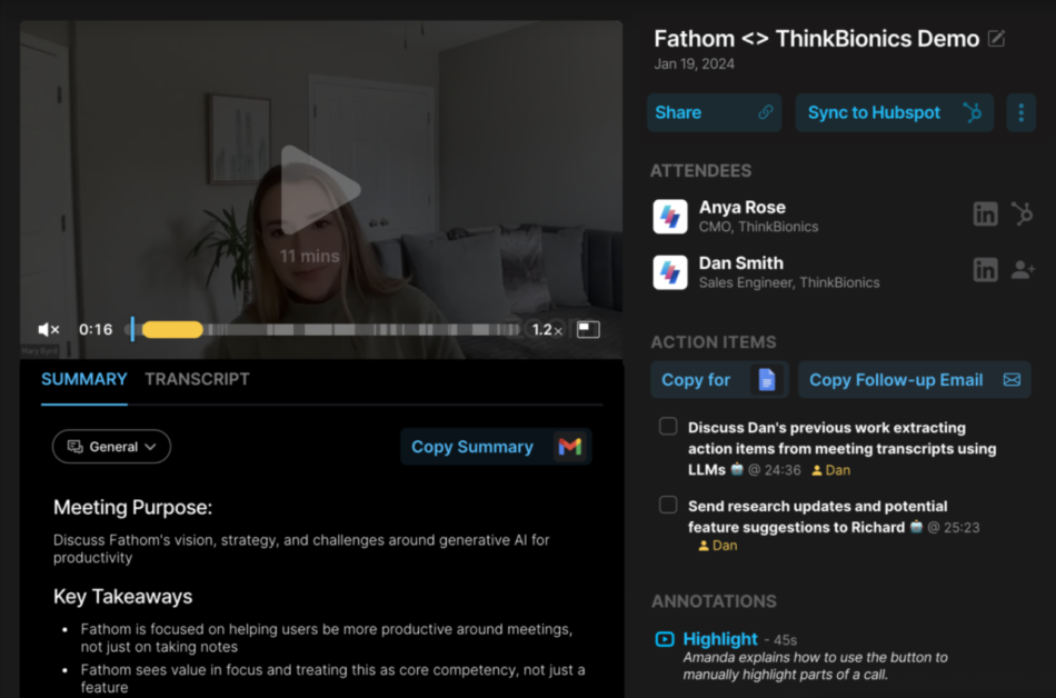 The meeting summary, transcript, and action items created with Fathom AI after a meeting.