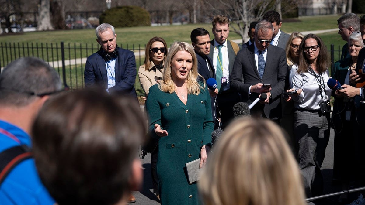 Correspondents gather around Levit outside the White House
