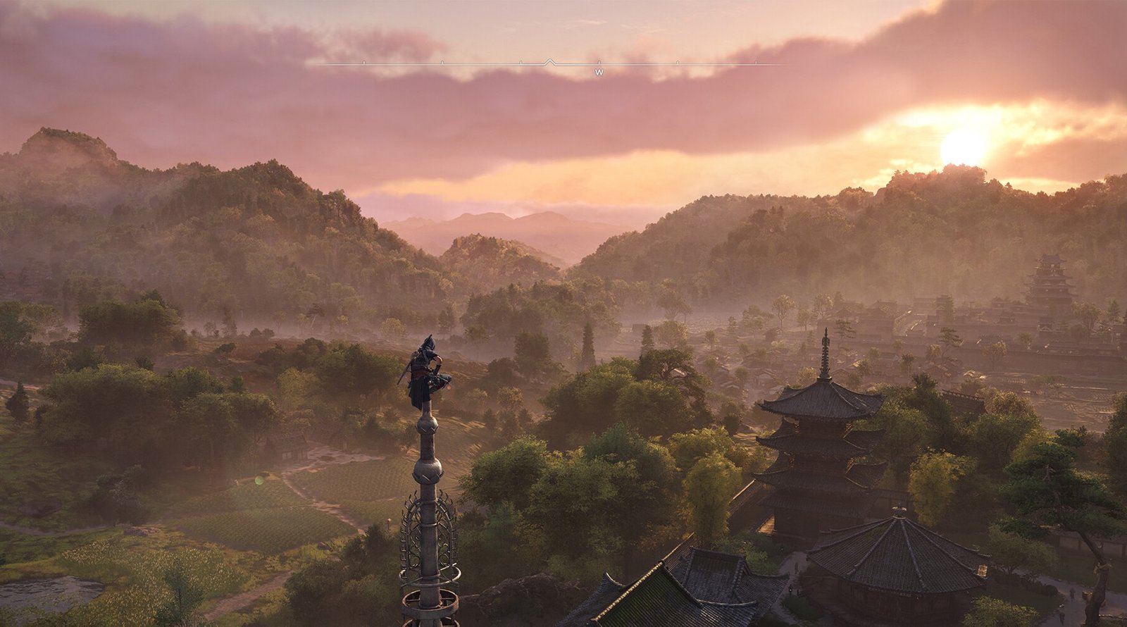 A personality roaming on the top in the shadows of the doctrine in Assassin with wide horizons of green spaces and Japanese architecture in the background.