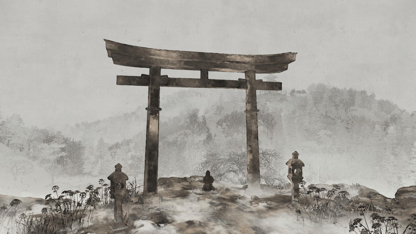 A screenshot of Assassin's Creed that shows a character sitting below the Torii gate in the ink wash plate style.