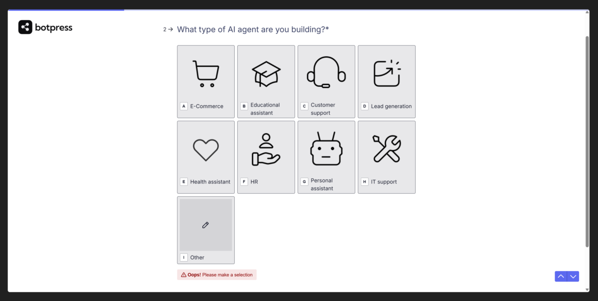 Telling Botpress the kind of AI agent I am building.