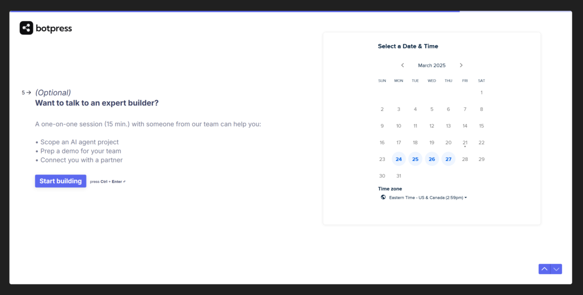Botpress giving the option to talk to an expert.