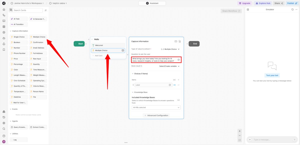 Adding a multiple choice card to a node on Botpress.