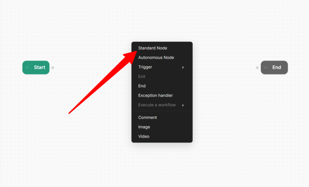 Adding a Standard Node to an empty workspace on Botpress.