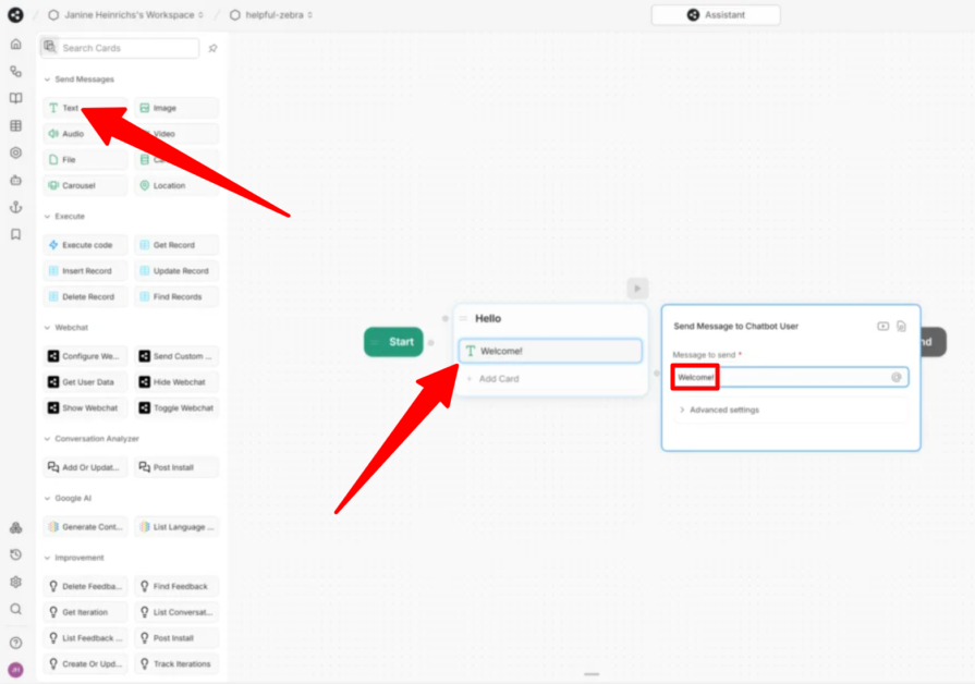 Adding a welcome message text card to a node on Botpress.