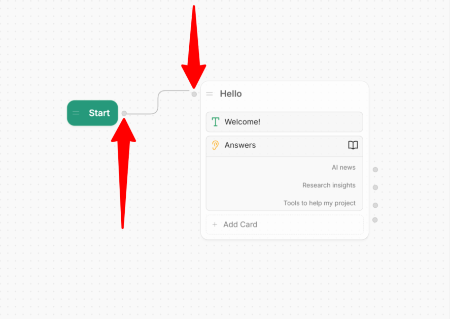 Connecting the start node to the welcome node on Botpress.