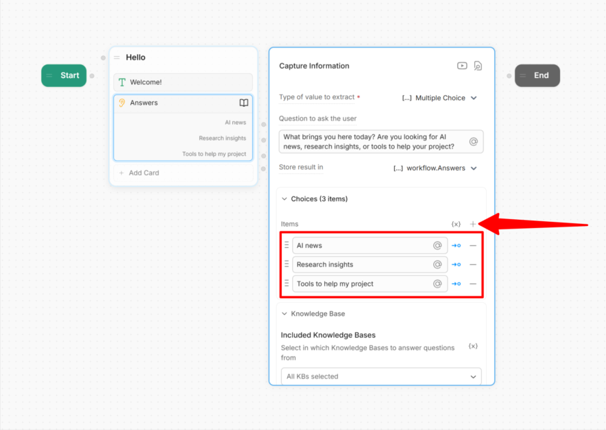 Adding three multiple choice options to a question when creating a chatbot with Botpress.