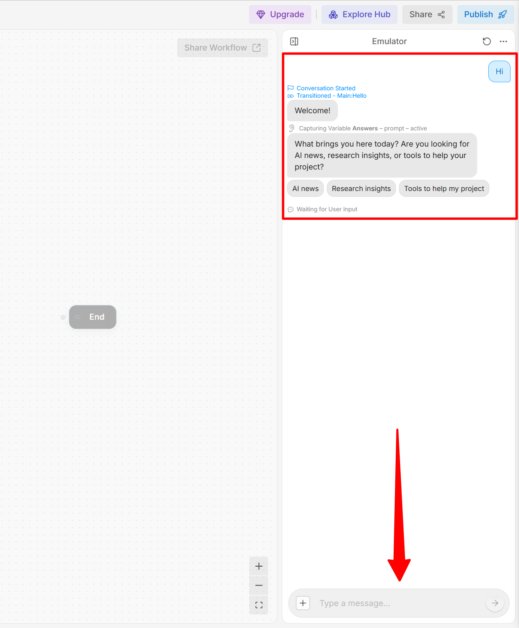 Testing the chatbot made with Botpress.