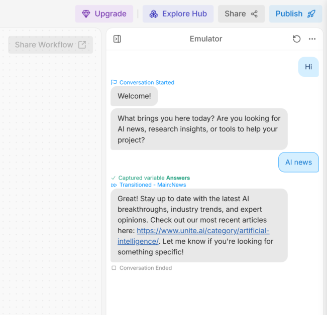 Selecting an option in the Botpress emulator and receiving and answer.
