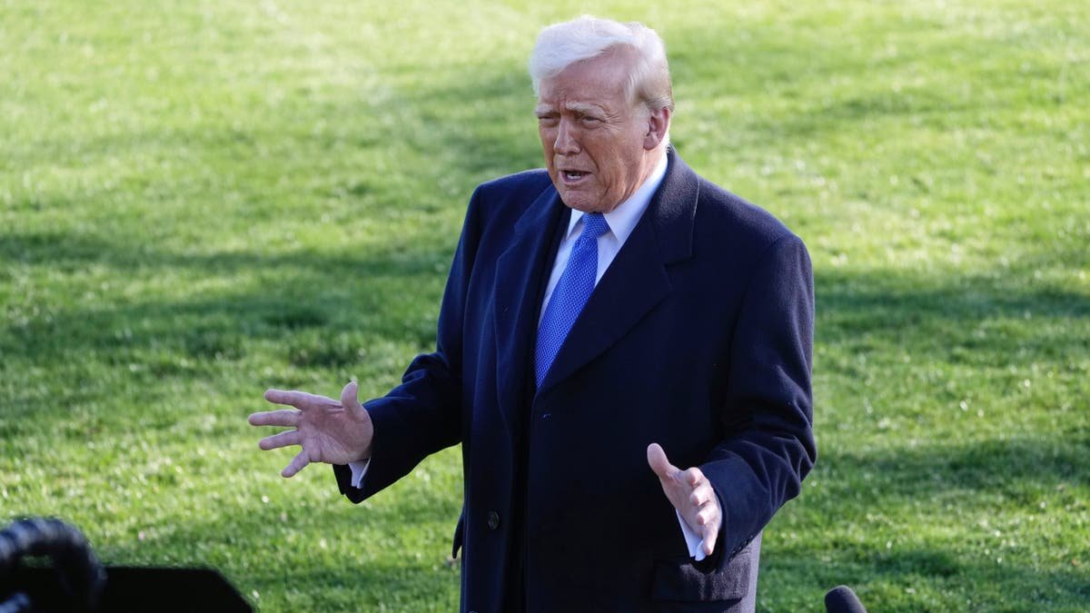 President Donald Trump speaks with correspondents before leaving in Marin or on his way to New Jersey on Friday, March 21, 2025 in Washington, DC.