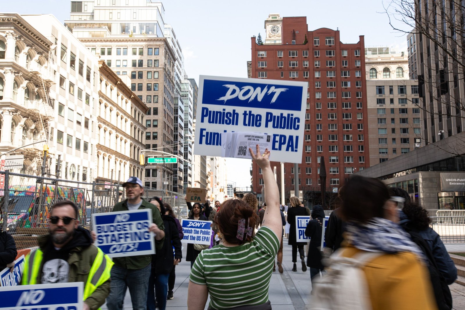 Through the street from the offices of the Environmental Protection Agency (EPA) in the lower Manhattan, the Environmental Protection Agency workers gathered to protest against financing and employment.