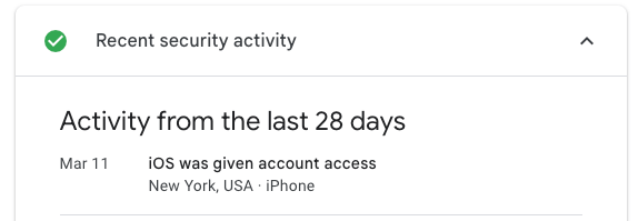 a screenshot of recent security activity on Google's Security Checkup Page