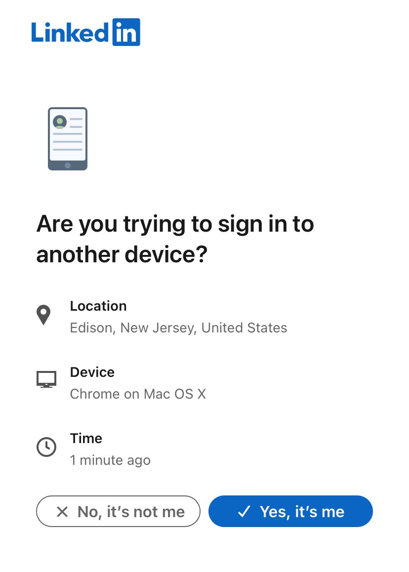 a screenshot of a LinkedIn sign-in request, asking if it's "yes, it's me" or "no, it's not me"