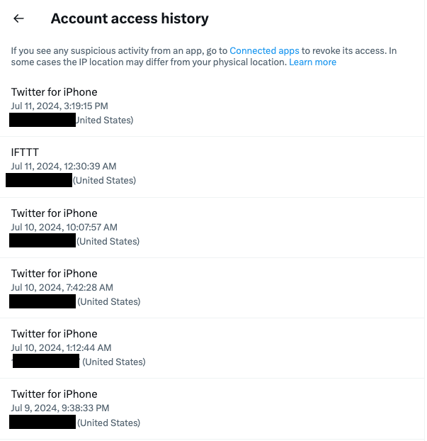 a screenshot showing all the account access history on an X account from the web interface