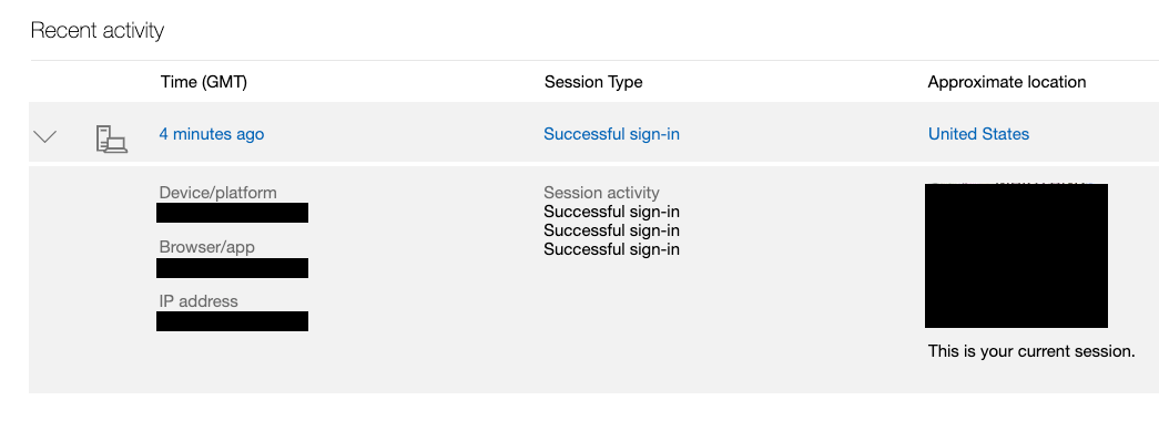 a screenshot showing recent activity, including device, platform and approximate location of the user