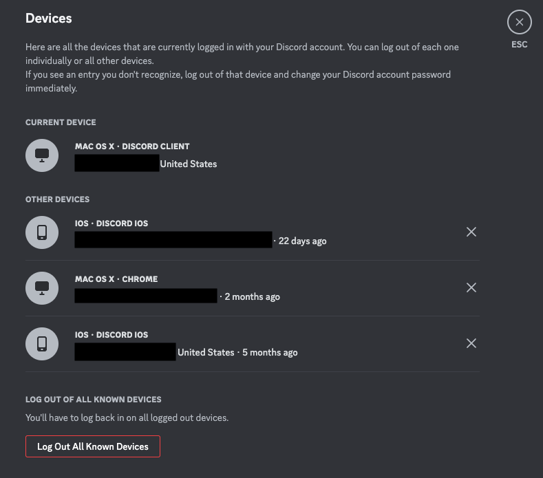 a screenshot showing the Devices tab settings in Discord, which reads: "Here are all the devices that are currently logged in with your Discord."