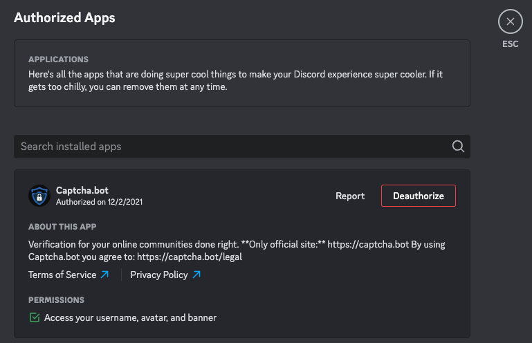 a screenshot from Discord's authorized apps settings window, which reads: "Here's all the apps that are doing super cool things to make your Discord experience super cooler."