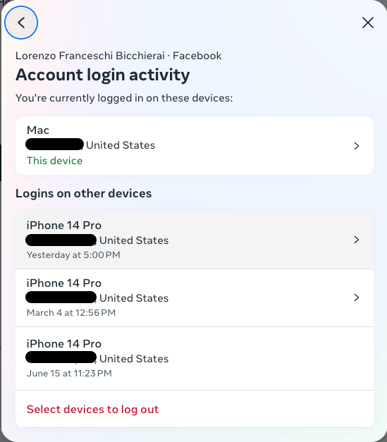 a screenshot of a logged-in Facebook account Account login activity showing recently and all signed in devices attached to that account.