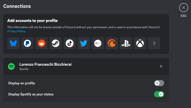 the Connections settings tab in Discord, which lets you connect your account to other services and offerings.