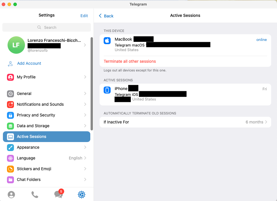 a screenshot of Telegram's settings menu on its desktop app, which includes details on all Telegram active sessions associated with that account.