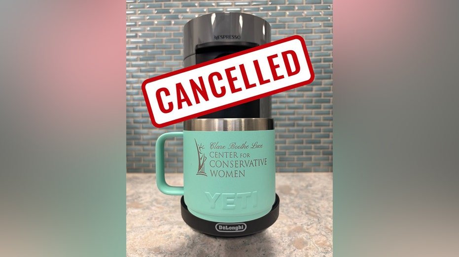 Muti Mug with the Clare Boothe Luce Center logo printed and poster he says "Eliminate"