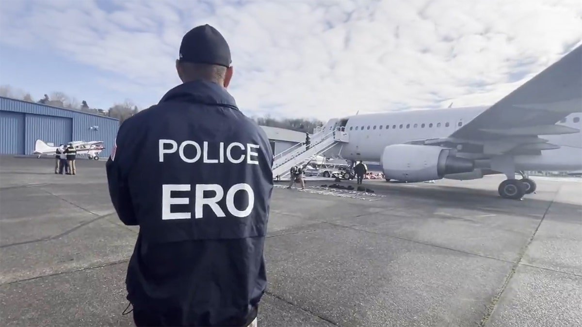 A man in the police jacket at the airport runway airport