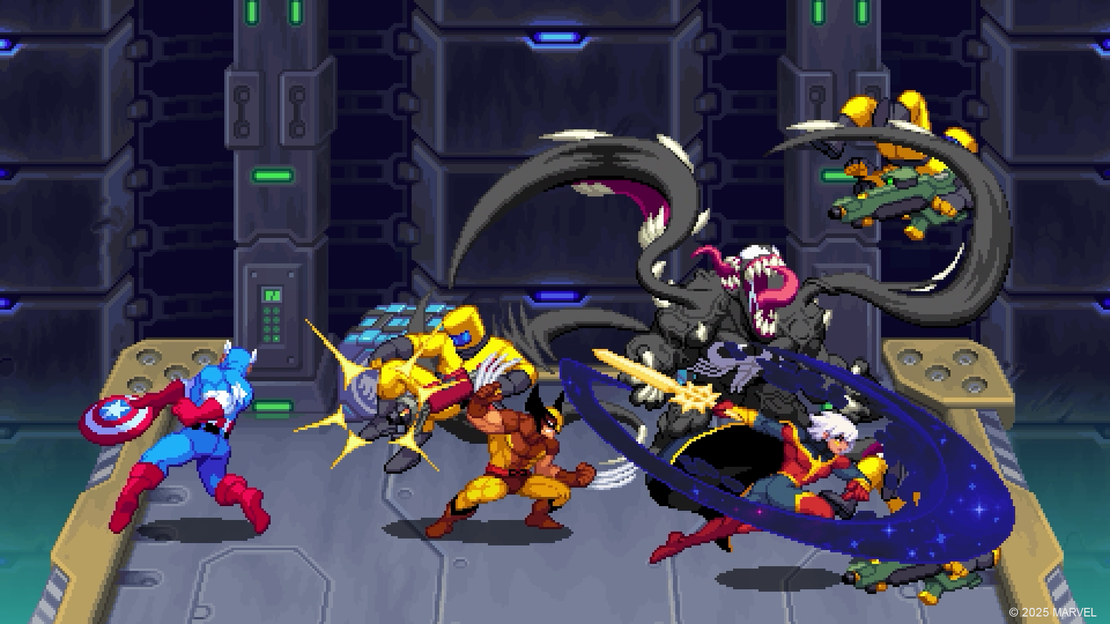 Screen snapshot of Marvel Cosmic Invation. The width of the heroes hit the bad guys.