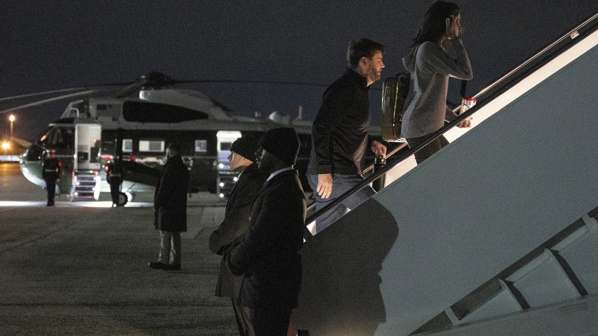 Vice President JD Vance, Left, and Second Lady USha Vance Board Air Force Two at the joint base Andrews March 28, 2025, on her way to Greenland.