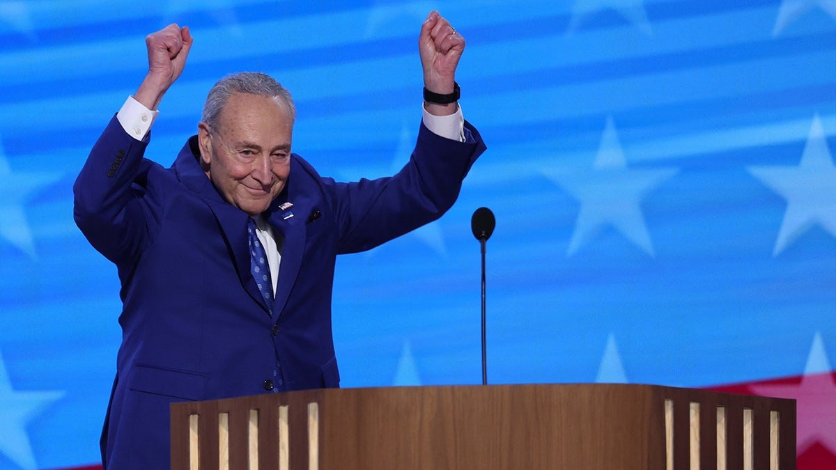 Chuck Schumer indicates on stage during the second day of the Democratic National Congress