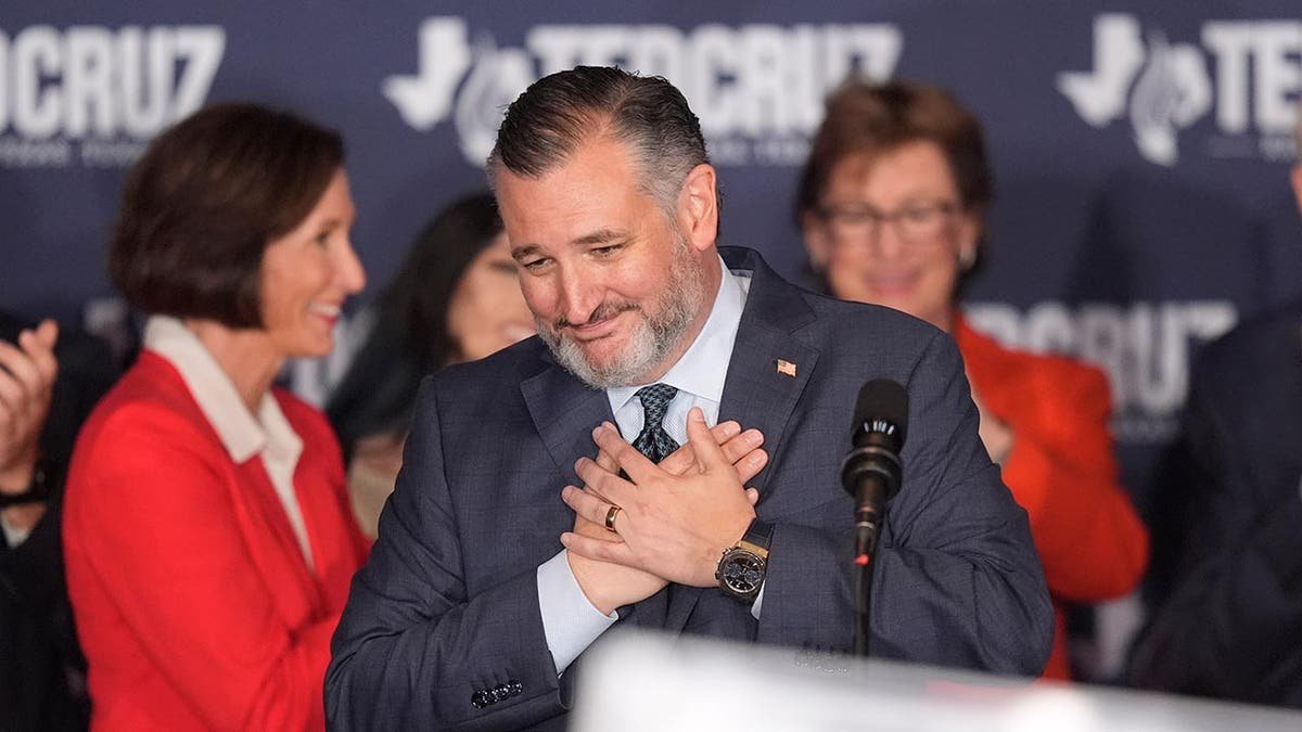 Ted Cruz shows his gratitude as he crosses his hands on his heart while speaking at a observation party during the 2024 elections
