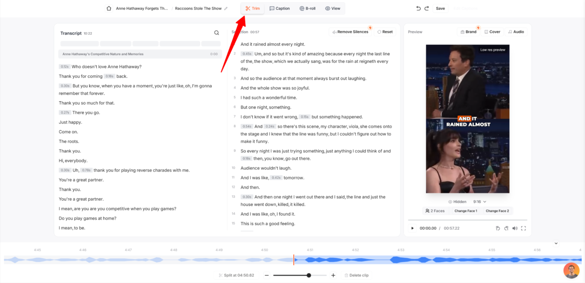 Trimming a video on Submagic.