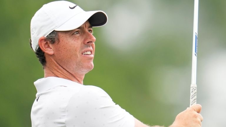 Rorre McLeroy, from Northern Ireland, strikes from the second starting point during the last round of the Houston Golf Open in Houston, on Sunday, March 30, 2025. (AP Photo/Ashley Landis) 