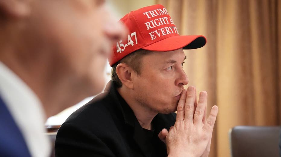 Elon Musk wears a hat while sitting at the cabinet meeting
