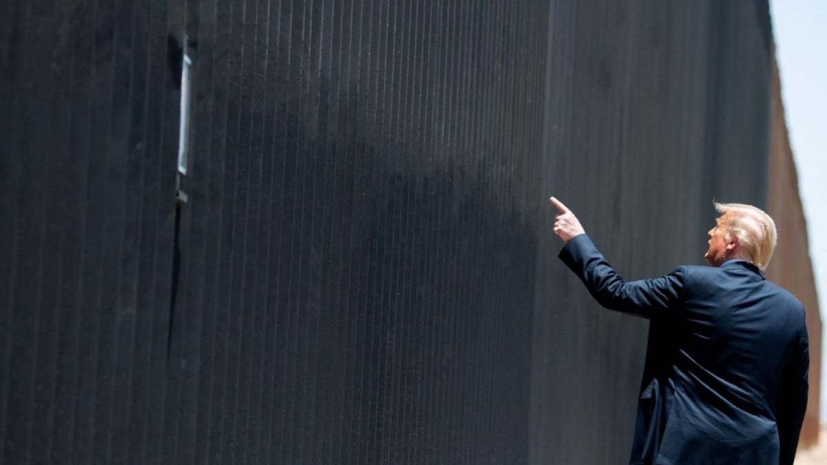 Topshot - US President Donald Trump is participating in a ceremony for a celebration of 200 miles from the border wall on the international border with Mexico in San Lewis, Arizona, June 23, 2020.