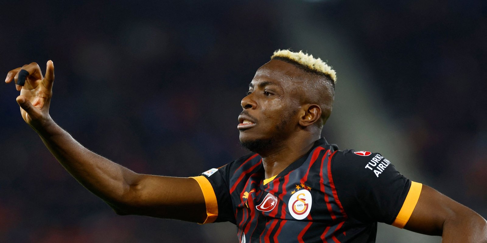 Victor Osimin from Galatasari celebrates a goal that has been rejected later