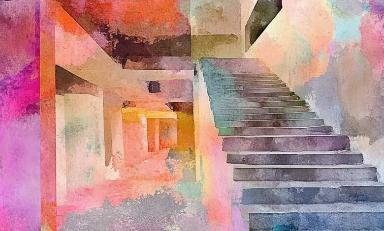 an ai generated abstract painting of stairwells in the interior of a building.jpg