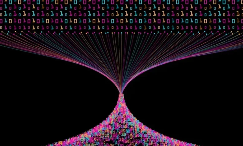 conceptual illustration showing a heap of numbers ascending through a funnel and coming out as organ.webp