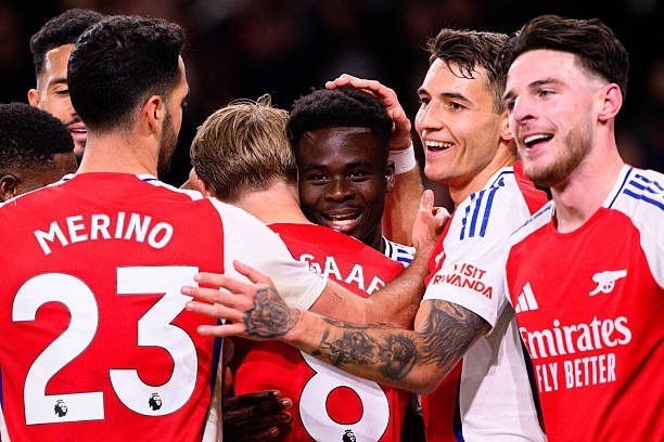 Arsenal Bocao Saka star celebrates with a goal against Fulham