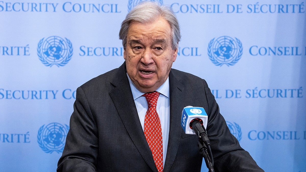 United Nations Secretary -General Antonio Guterres talks about the ceasefire deal in Israel and Hamas outside the Security Council at the United Nations headquarters in New York City on January 15, 2025.