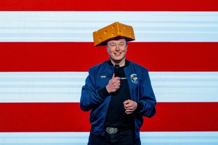 Elon Musk, CEO of Tesla Inc. wears the CEO of Tesla Inc. , Cheese Cheese Catter during the American town hall