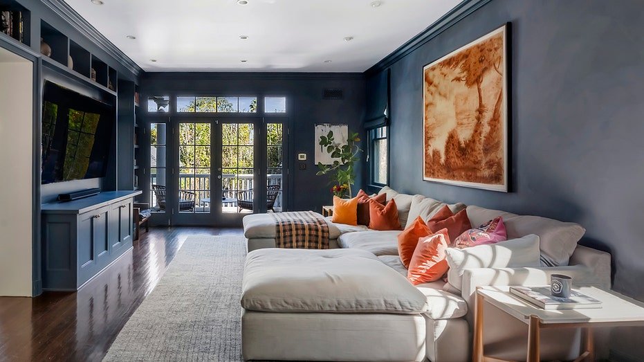 Blue -painted media room features compact books shelves.