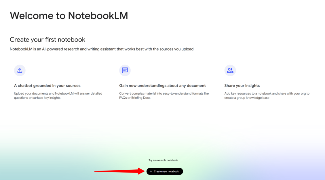 Creating a new notebook with NotebookLM.