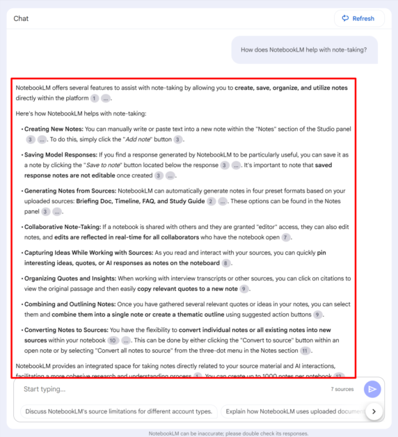 The NotebookLM chatbot providing a response to a question.