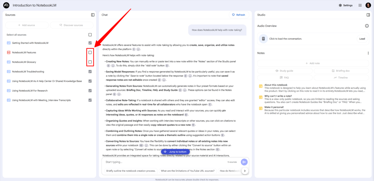 Deselecting sources when using NotebookLM.