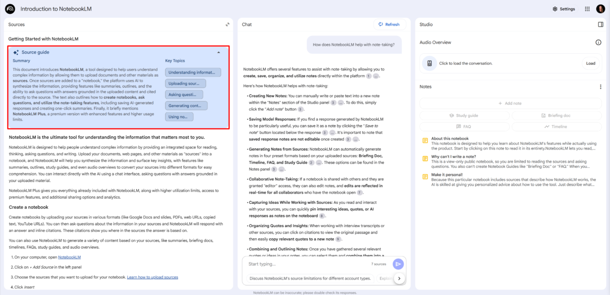 Getting NotebookLM to generate a summary with key topics.