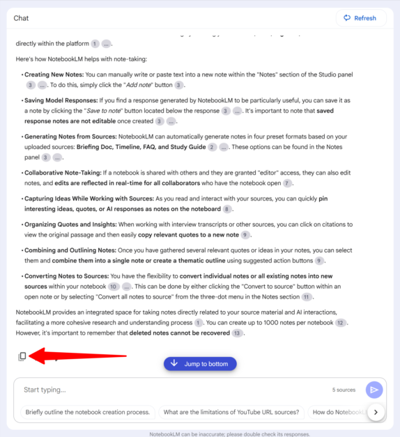 Copying a conversation from the NotebookLM chatbot.
