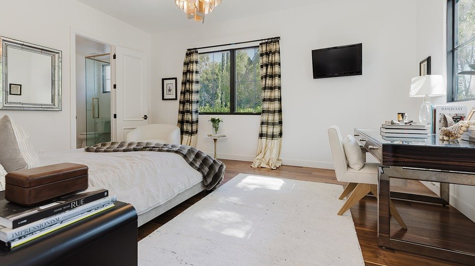 The guest bedroom is currently furnished with a flat -screen desk and screen TV.