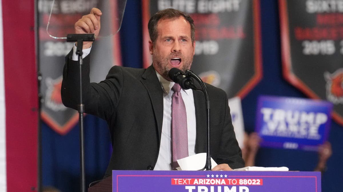 The Senate Speaker of Arizona Warren Petersen speaks during a march of presidential candidate JD Vance at the Christian University of Arizona on July 31, 2024.